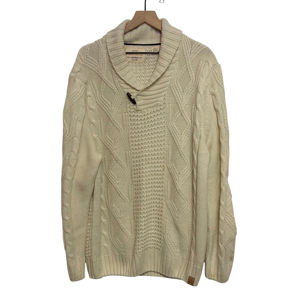 Weatherproof Vintage Sweater men's  XXL Ivory Excellent Cable Knit Shawl Toggle